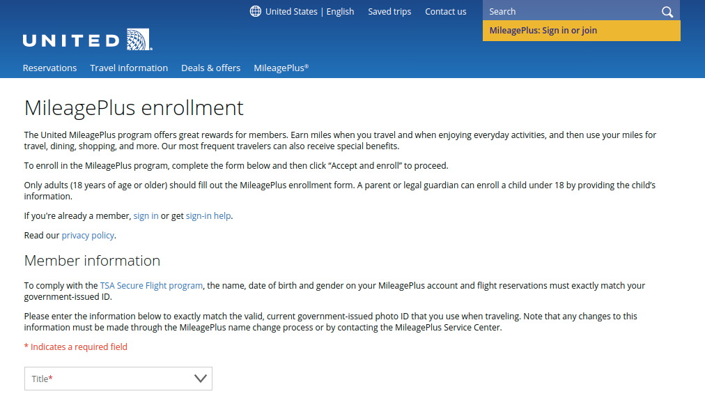 MileagePlus enrollment United Airlines Enroll